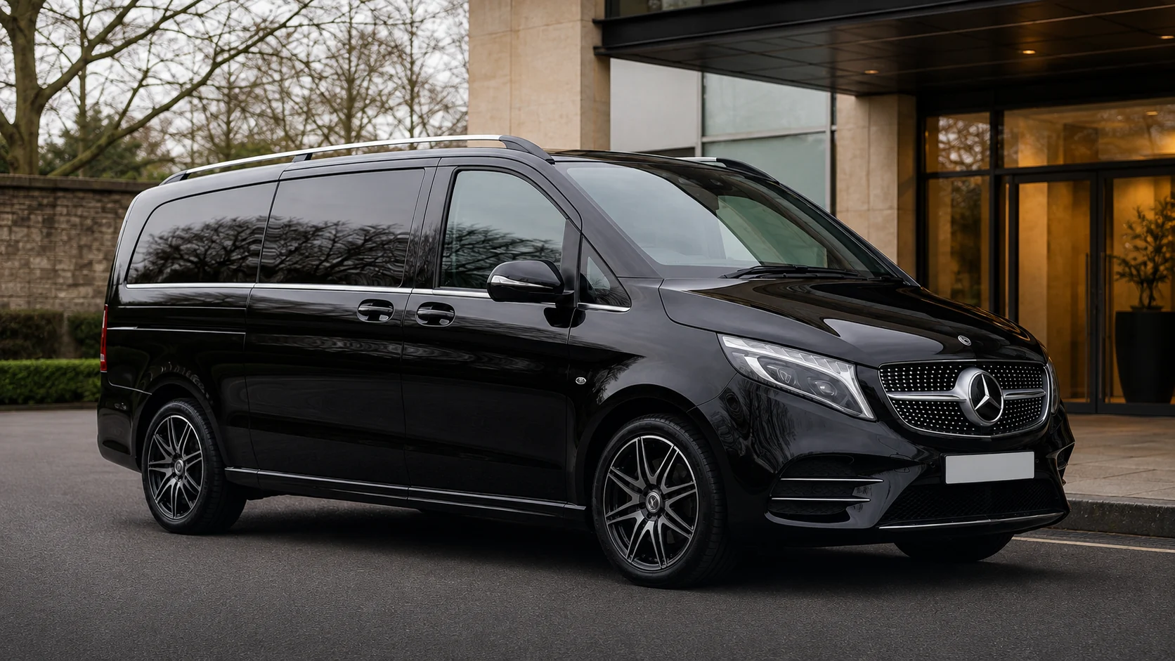 Vectura's black Mercedes-Benz V-Class Extra Long outside a hotel entrance